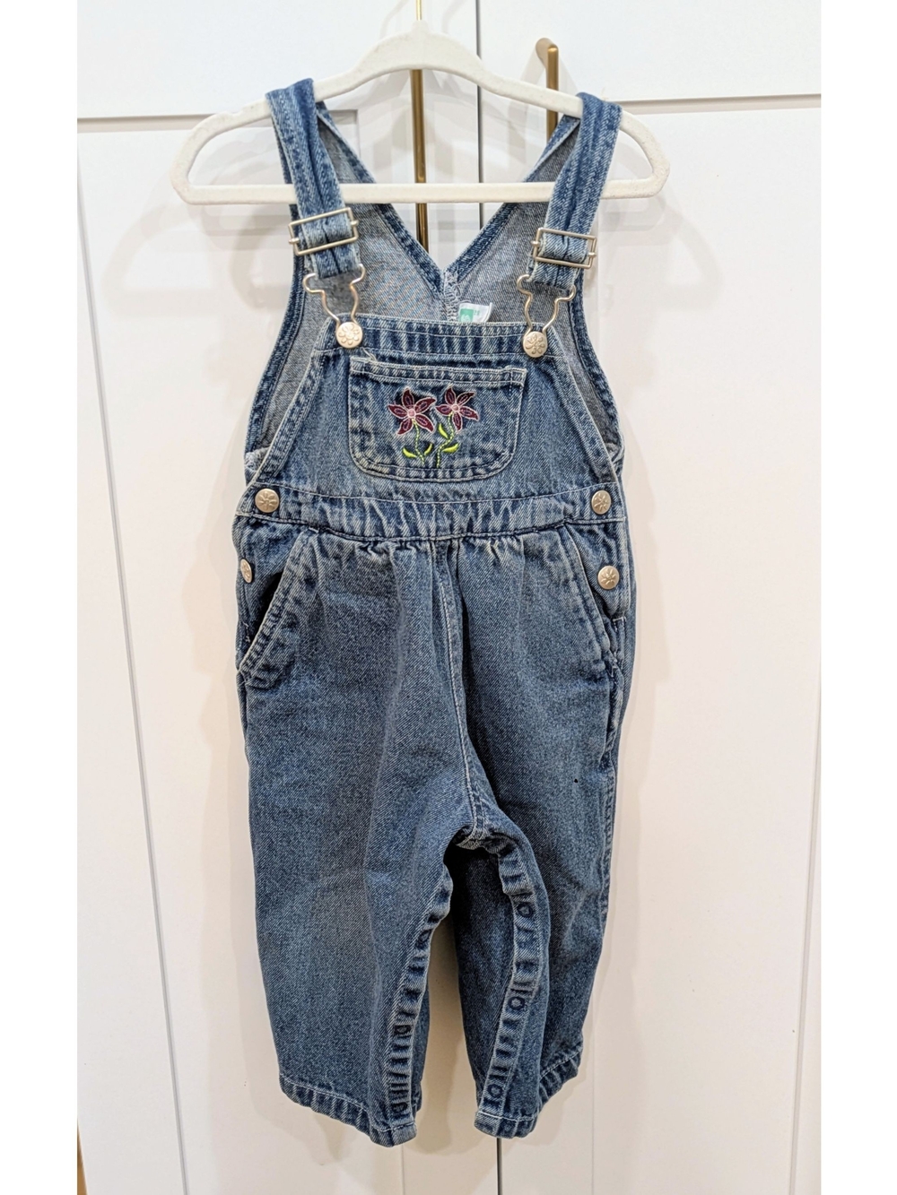 Vintage Sears Baby Denim Overalls with Floral Pocket Embroidery